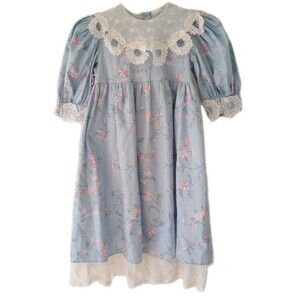 Sarah Kent Vintage Girls Dress 6X Blue Floral Cotton Poly Lace Collar Cottage
